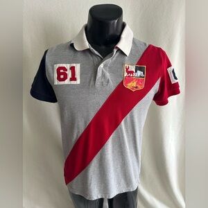 Deer & Dear Shirt Men’s Small Sewn On Numbers & Crest On Sash Front Polo Shirt #